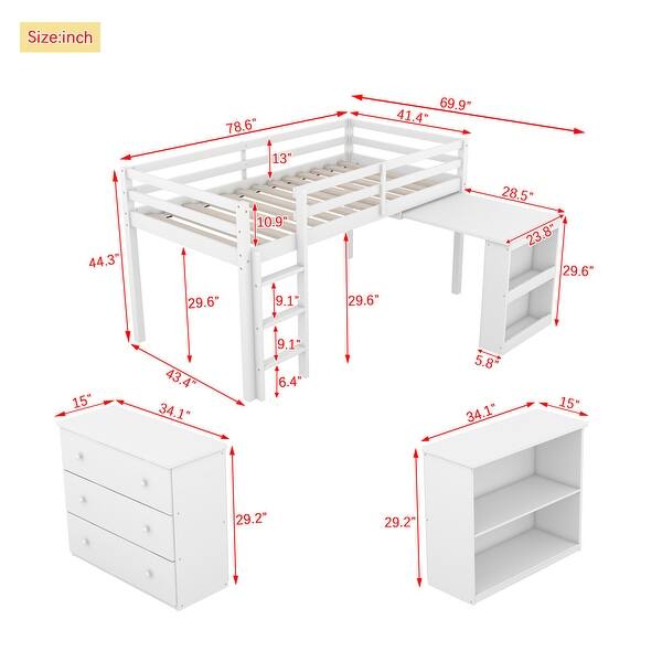 dimension image slide 0 of 2, Twin Loft Bed w/Drawer, Shelf, Pull-Out Desk, Rubber Wood Frame, Safety Guardrail Included.