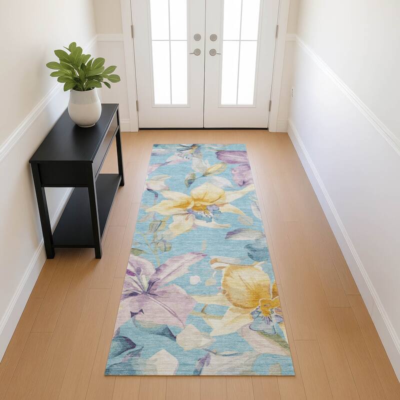 Machine Washable Indoor/ Outdoor Modern Floral Chantille Rug