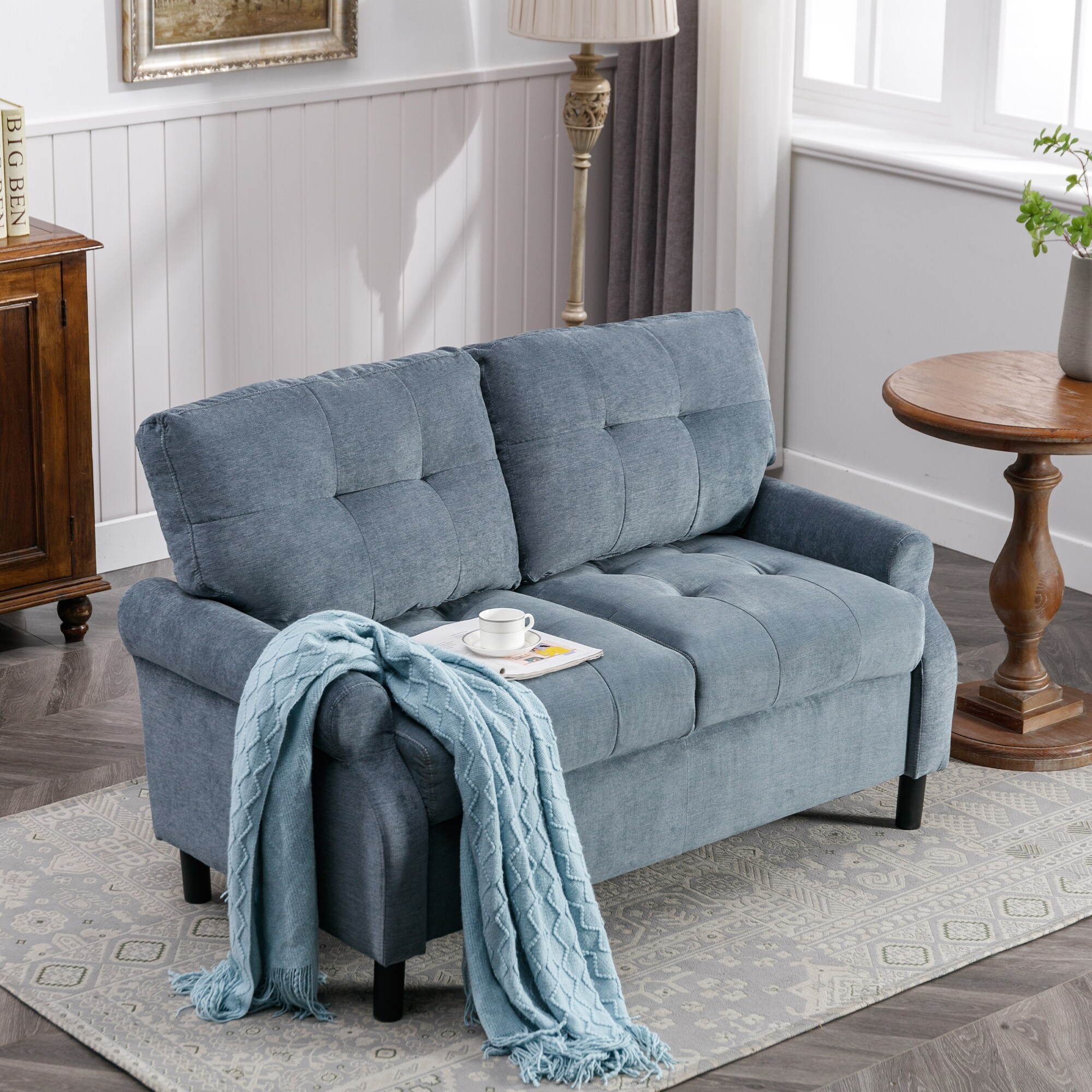 Modern Loveseat Sofa Fabric Upholstered 2 Seater High Elastic Backrest Couch with Wooden Frame and Chair Legs for Living Room