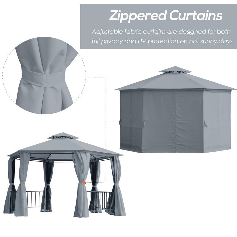 Outsunny 7' x 7' 2-Level Hexagon Outdoor Patio Gazebo Canopy Pavilion with Removable Mesh Curtains, Double Tiered Roof