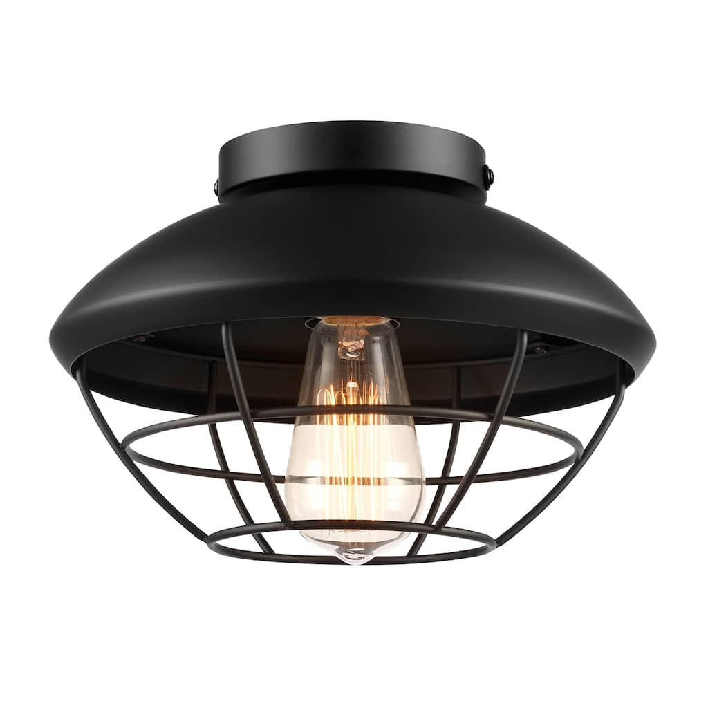 1-Light Outdoor Flush Mount Ceiling Light, Matte Black, Metal Cage Shade, Weather Resistant, Indoor - 10"