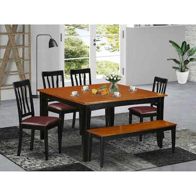 Dining Room Table Set 6 Piece - Kitchen Table with Chairs & Bench - 54x54 Inch - Black Cherry Finish