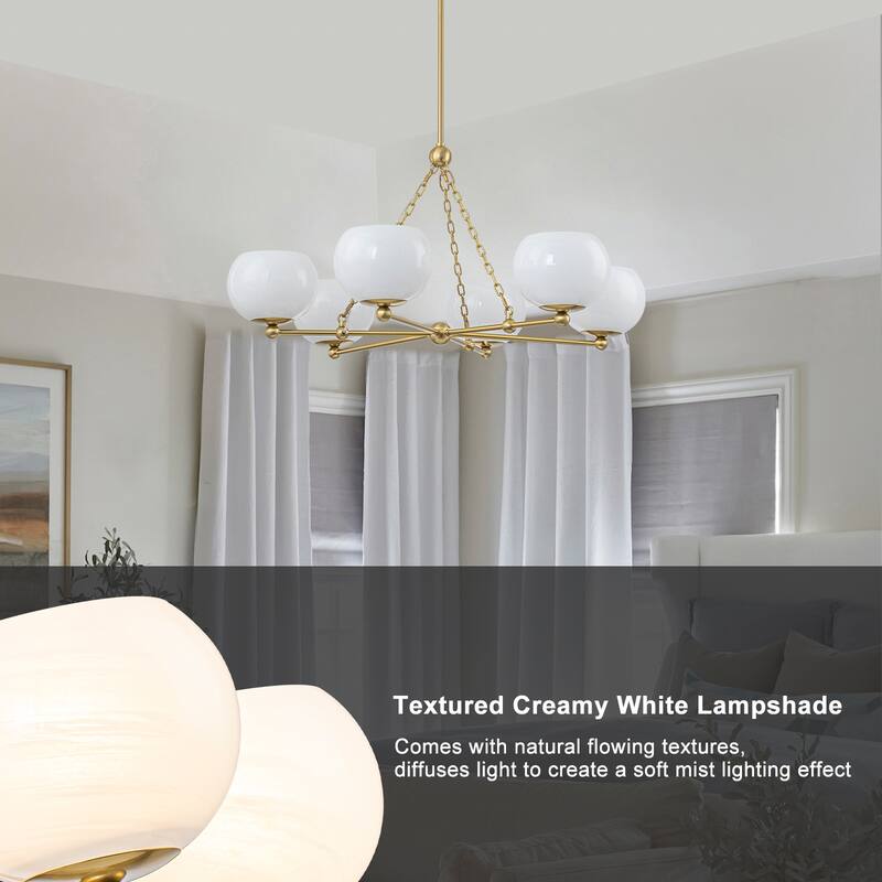 6-Light Brushed Gold Branch Chandelier with Cloud-Pattern Glass Shades - Dia.35.43-in
