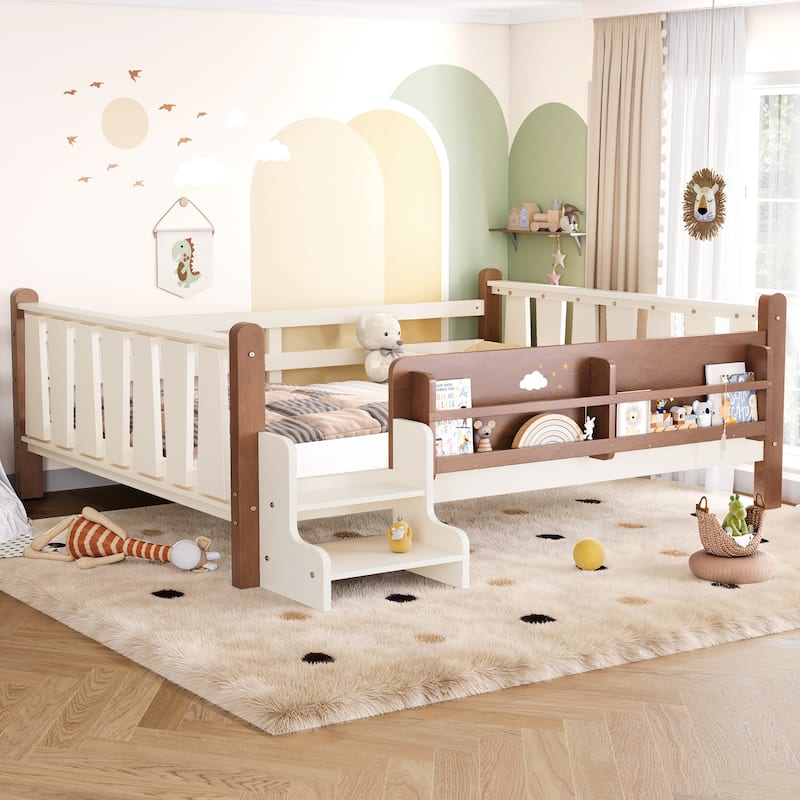 Full/Twin Floor Bed with Storage Bookcases & Cute Stairs - Solid Wood Kids Bed, No Box Spring