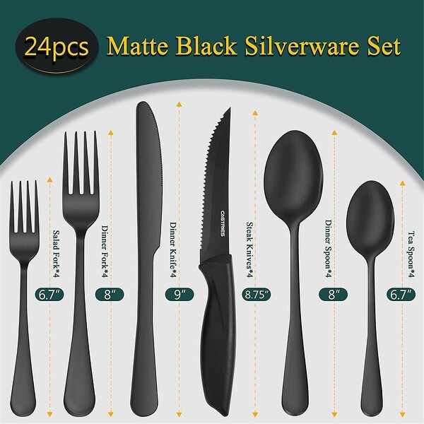 24 Pcs Black Silverware Set with Steak Knives, Stainless Steel Flatware Cutlery Set Service for 4, Kitchen Tableware Set, Utensil Set for Home and Res : Black Heavy Duty Silverware Set, 24-Piece Stainless