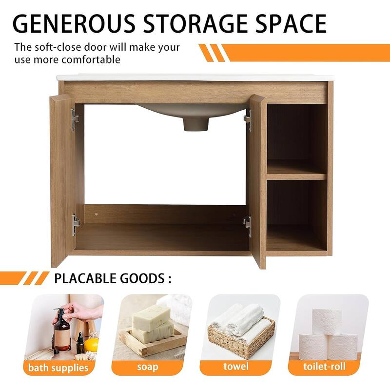 Bathroom Vanity With Sink In 24/30 Inch, Floating Bathroom Vanity With Soft Close Door