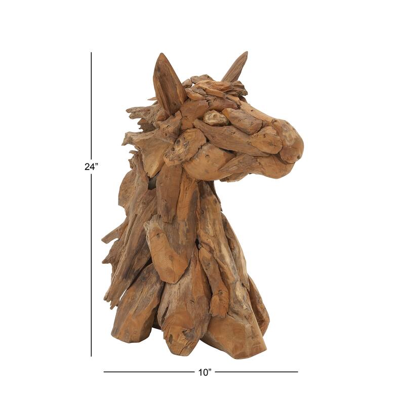 Brown Teak Wood Handmade Head Horse Decorative Sculpture with Layered Woodchip Pieces