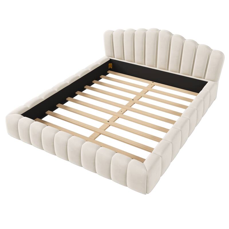 Velvet Upholstered Queen Bed Frame Floor Bed Shell-Shaped Headboard for Bedroom