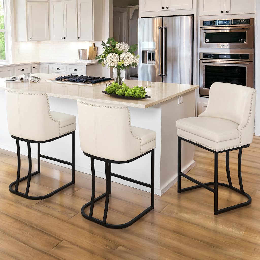 26" Modern Metal Barstools Set of 3 Upholstered Counter Height Bar stools with Back and 6" Thick Cushion for Kitchen Island