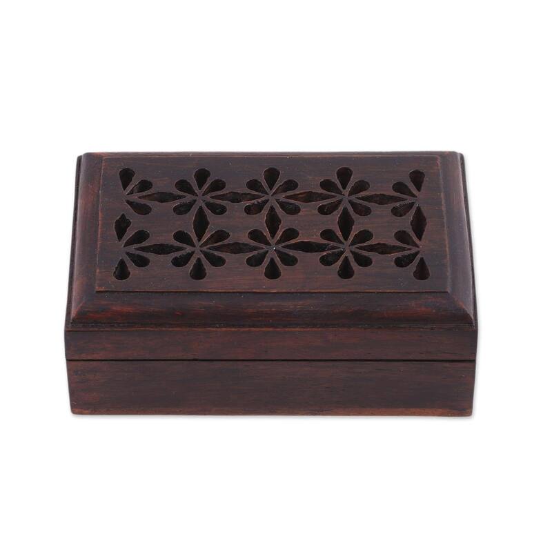Handmade Floral Subtlety Wood Decorative Box (India) - 1.3" H x 4" W x 2.5" D