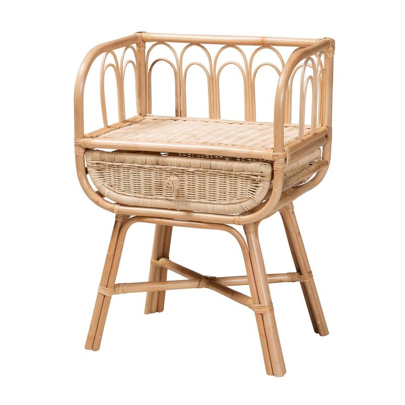 Modern Bohemian Natural Brown Rattan Nightstand with Drawer and Shelf, Handcrafted Rustic Tropical Style