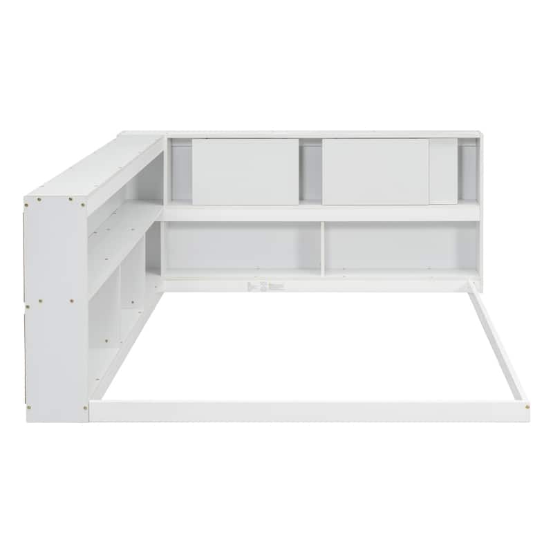 Full Floor Bed with L-shaped Bookcases, Sliding Doors Without Slats