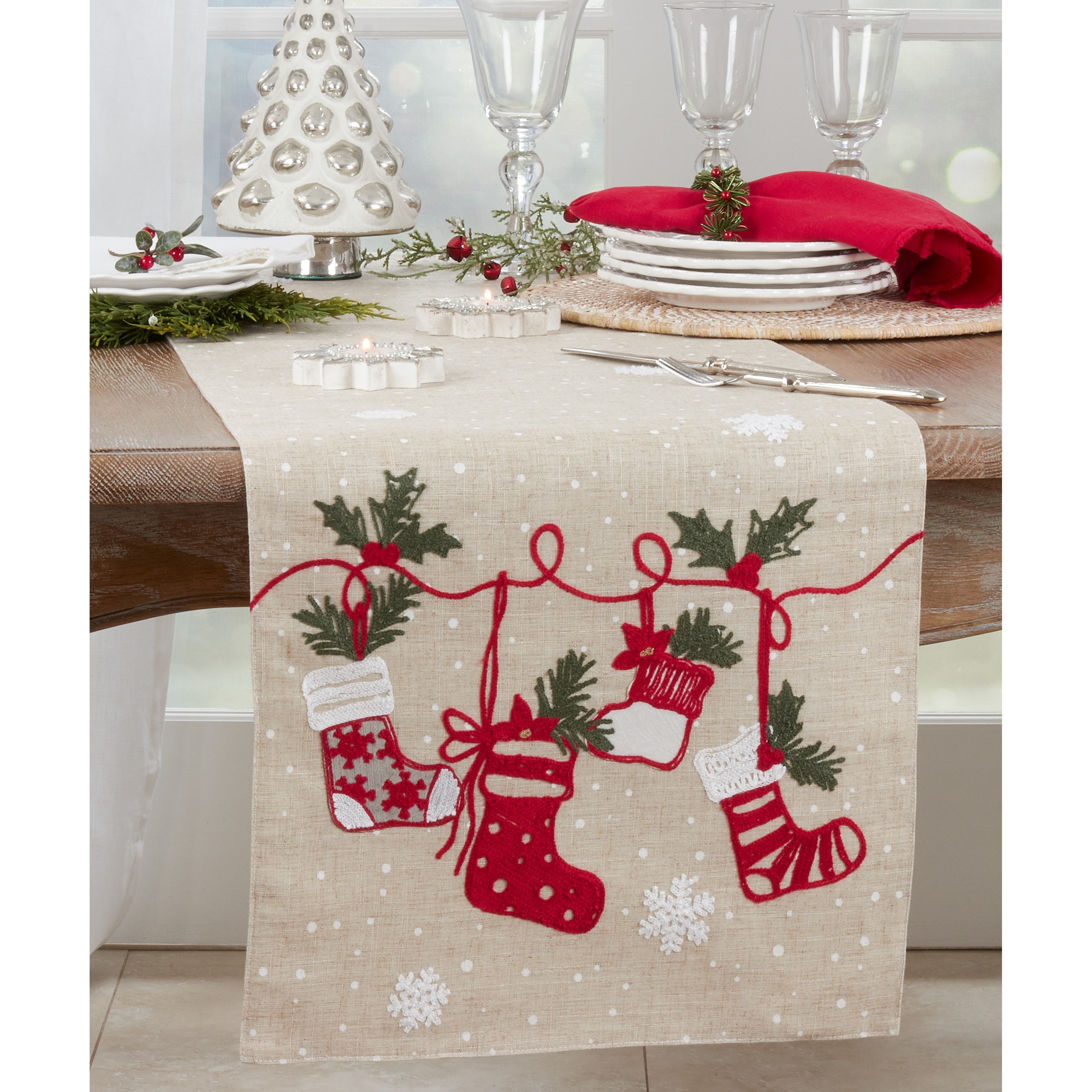 Christmas Table Runner With Stockings Design - 16"x70"