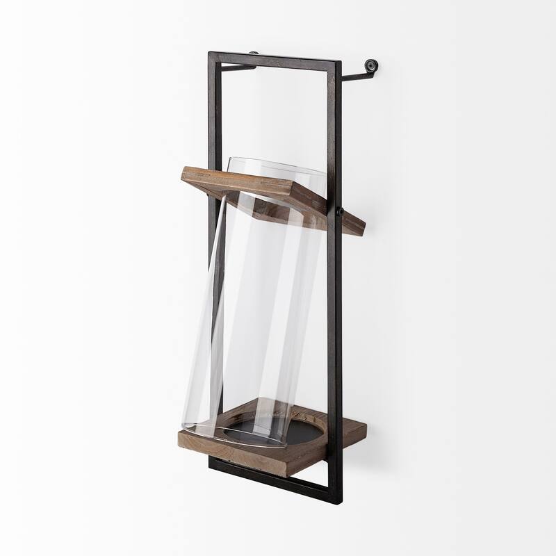Milton Black Metal Frame And Brown Wood Wall Candle Holder - 7.1L x 6.1W x 19.7H