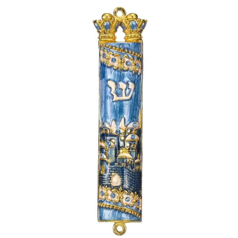 Matashi Hand Painted Blue Enamel Mezuzah with Jerusalem City Design with Gold Accents and High Quality Crystals