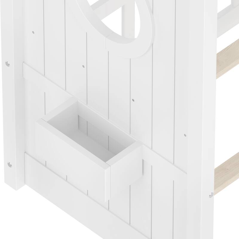 House Bed Frame for Toddler Floor Bed, Kids Montessori Bed with Storage Shelf and Round Window, Playhouse Bed with Roof Design