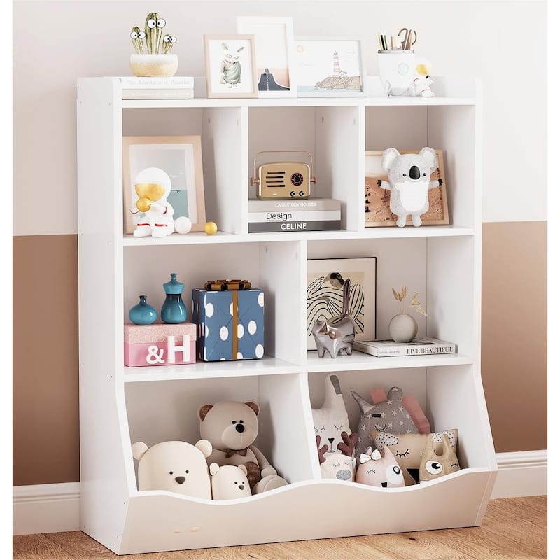 Toy Storage Cabinet Multi Shelf Bookcase for Kid's Bedroom - 11.8"D x 36"W x 42.5"H - White