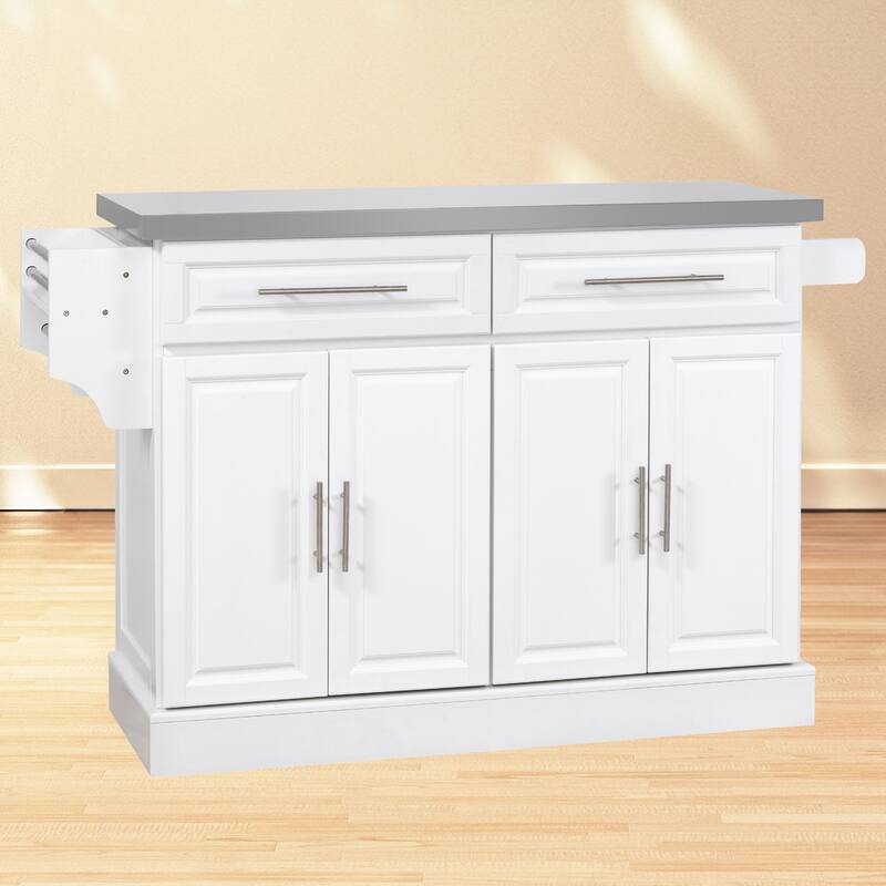 Portable Kitchen Cart with Stainless Steel Top, 2 Drawers, Spice & Knife Rack, Towel Rack - 57" - White
