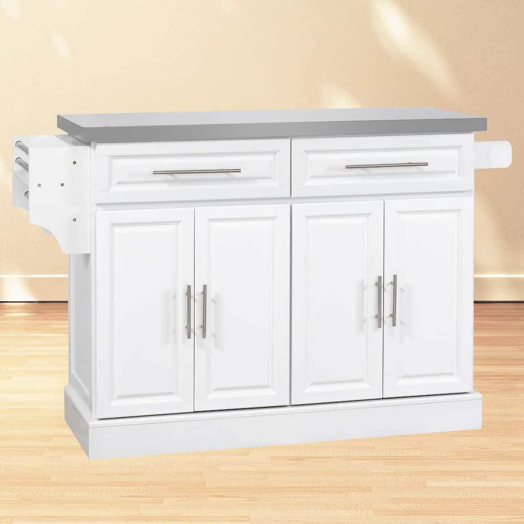 Portable Kitchen Cart with Stainless Steel Top, 2 Drawers, Spice & Knife Rack, Towel Rack - 57"