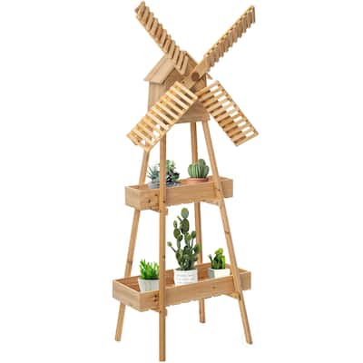 Rustic Wooden Cart with Windmill Accent, Versatile and Decorative Piece for Home or Garden Decor, Perfect for Displaying Plants
