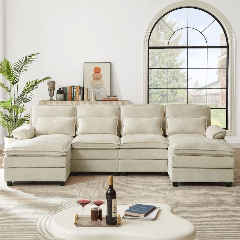 113 Inches Oversized Double Layer Cloud Design U Shaped Sofa with Double Chaise - Beige