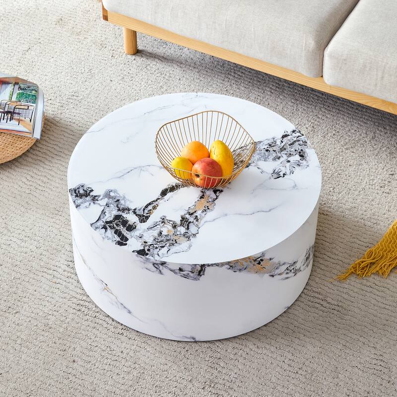Round Faux Marble Coffee Table, Modern Drum Center Table Wood End Table for Living Room, Apartment, Office