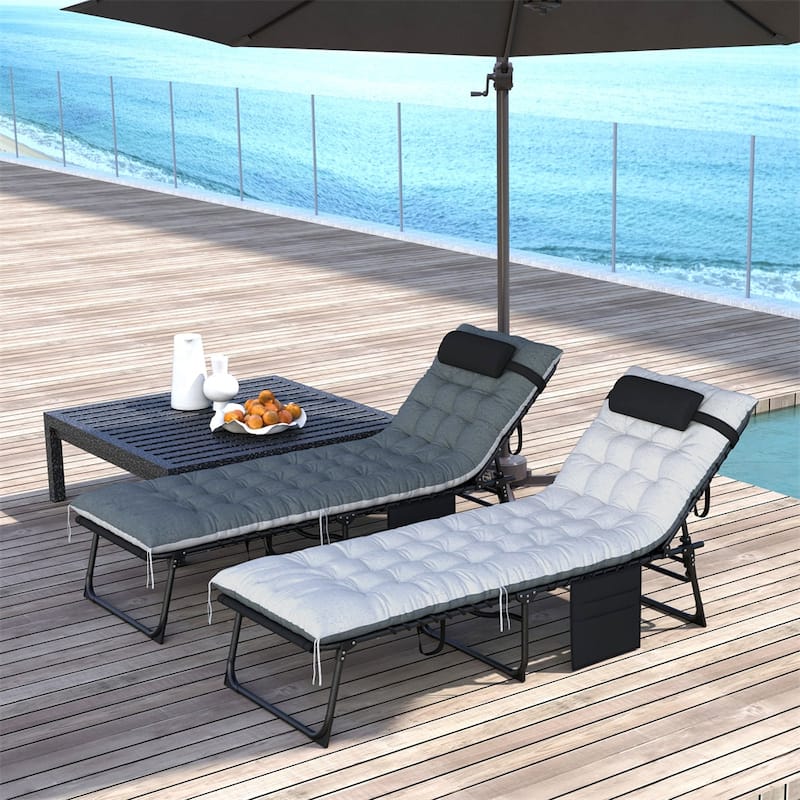 2-Pack Adjustable Outdoor Breathable Mesh Chaise Loungers with Cushions and Side Pockets - 23.6" W x 74.8" D x 12.2" H