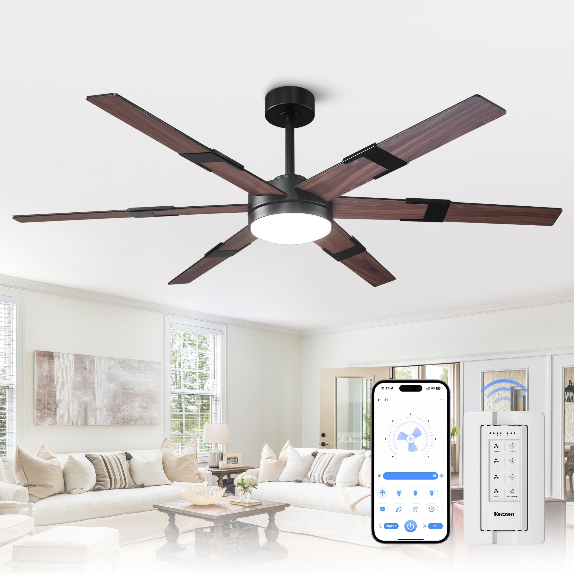 60" Farmhouse Matte Black Integrated LED Dimmable Reversible Large Smart Ceiling Fan with APP Control and Remote