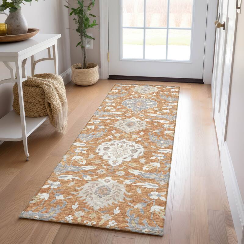 Machine Washable Indoor/ Outdoor Traditional Kashan Chantille Rug - Copper - 2'3" x 7'6"
