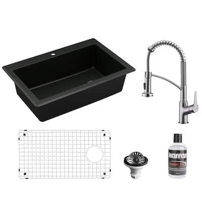 Karran All in One Drop-In Quartz Composite 33 in. Single Bowl Kitchen Sink in Black with Faucet KKF210 in Stainless Steel
