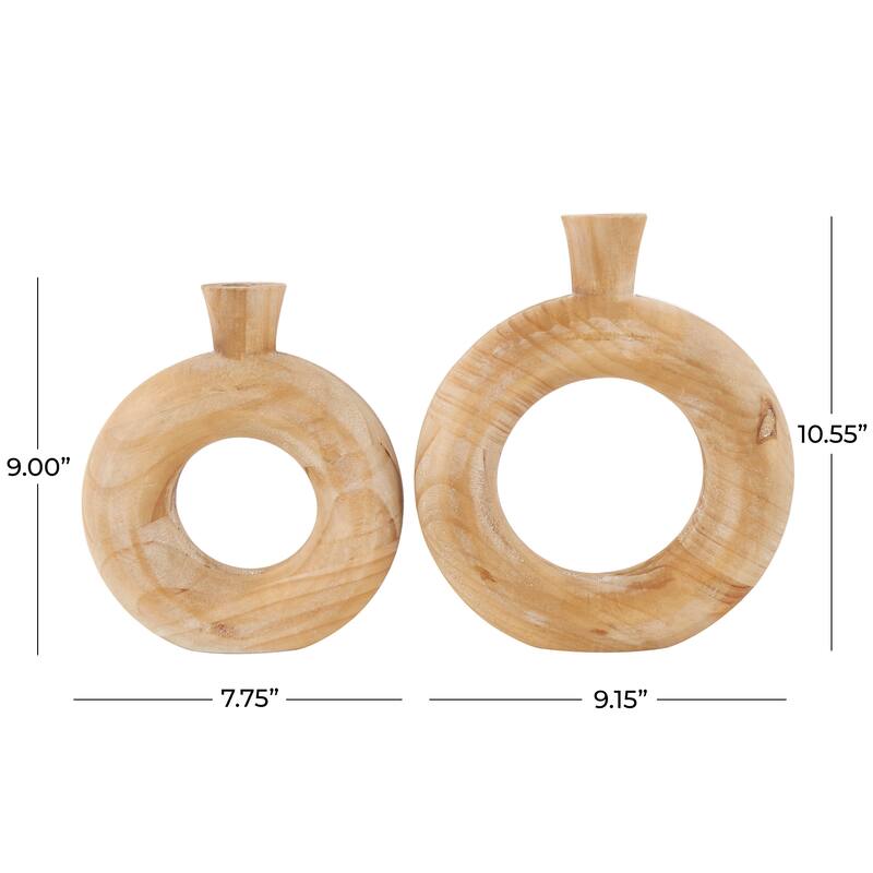 Brown Wood Circular Decorative Vase with Cutout Center (Set of 2)