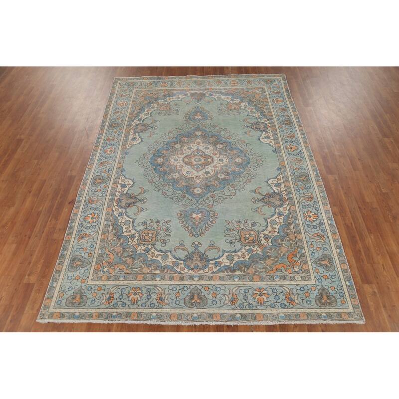 Turquoise Green Tabriz Persian Vintage Area Rug Handmade Wool Carpet - 6'8"x 9'6"