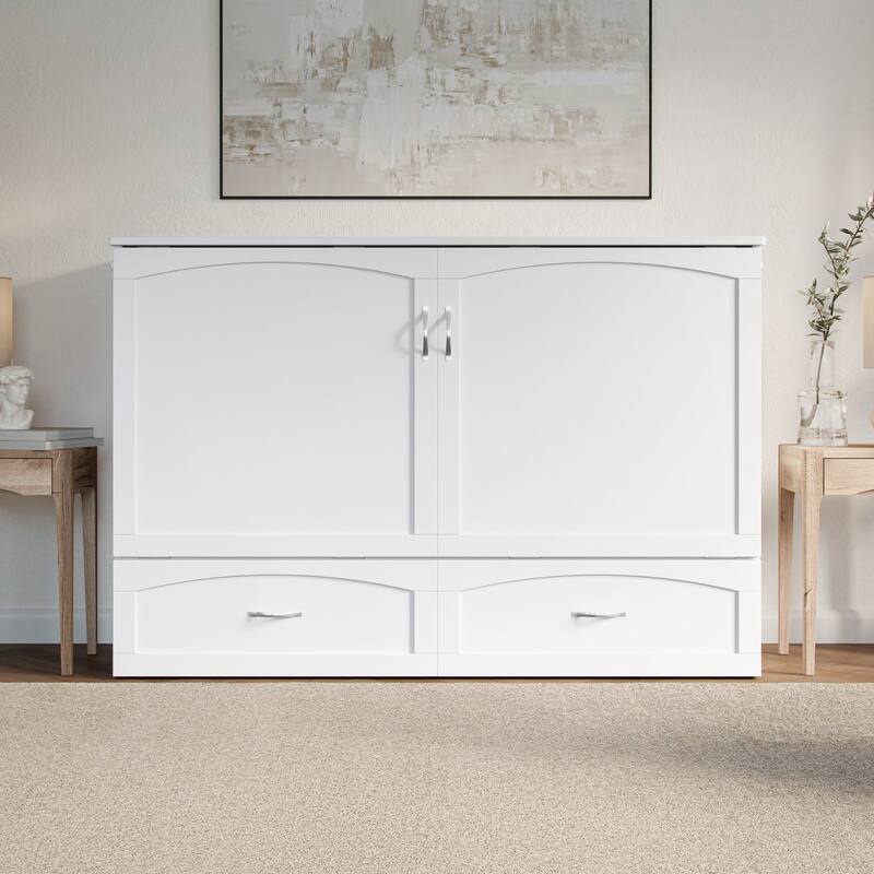 Marion Queen Murphy Bed Chest with 6" Mattress, Storage Drawer & Built-In Charger