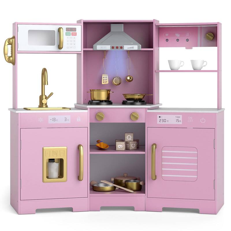 Costway Pretend Play Kitchen for Kids Toddler Aged 3+ Wooden Toy Set - See Details - Pink