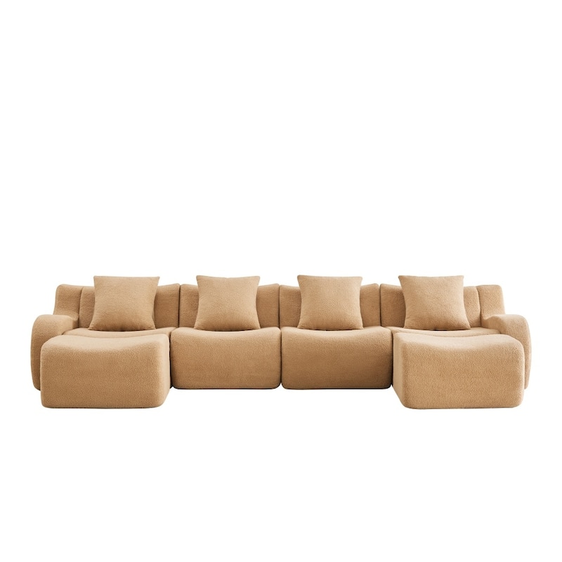 148" Premium Teddy Fabric U-shaped Modular Curved Armrests Boneless Sofa Set