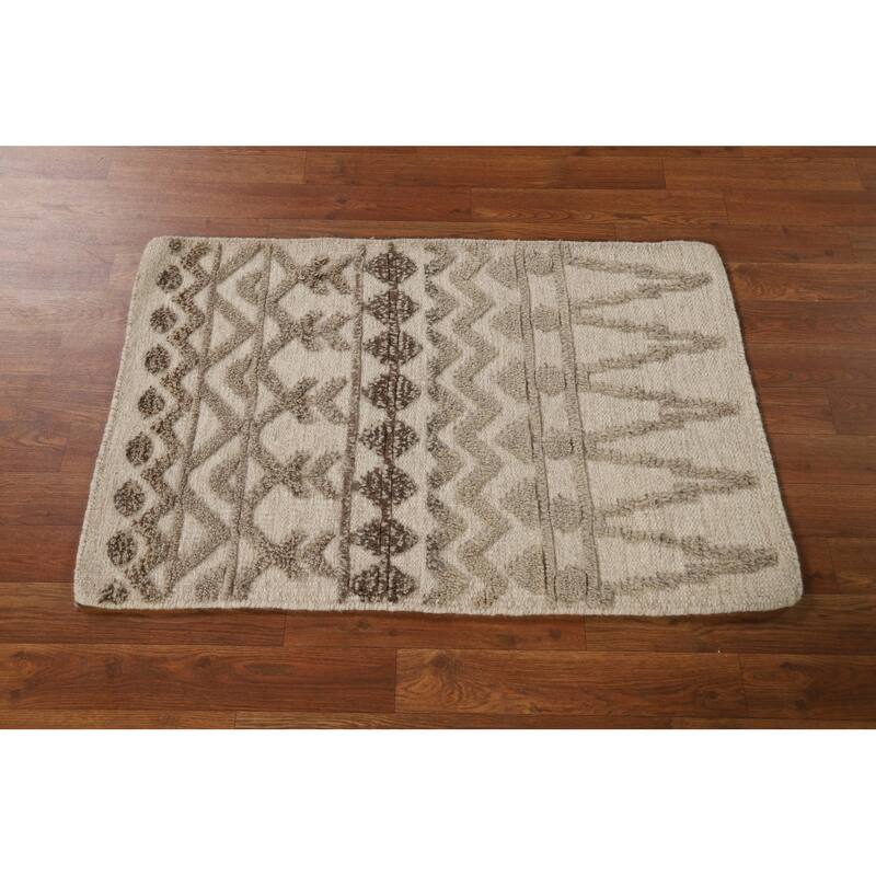 Beige Moroccan Oriental Accent Rug Handmade Wool Carpet - 2'0"x 3'0"
