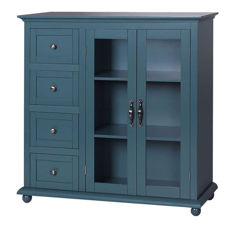 VEIKOUS Kitchen Buffet Sideboard Storage Cabinet with 2 Glass Doors and 4 Drawers