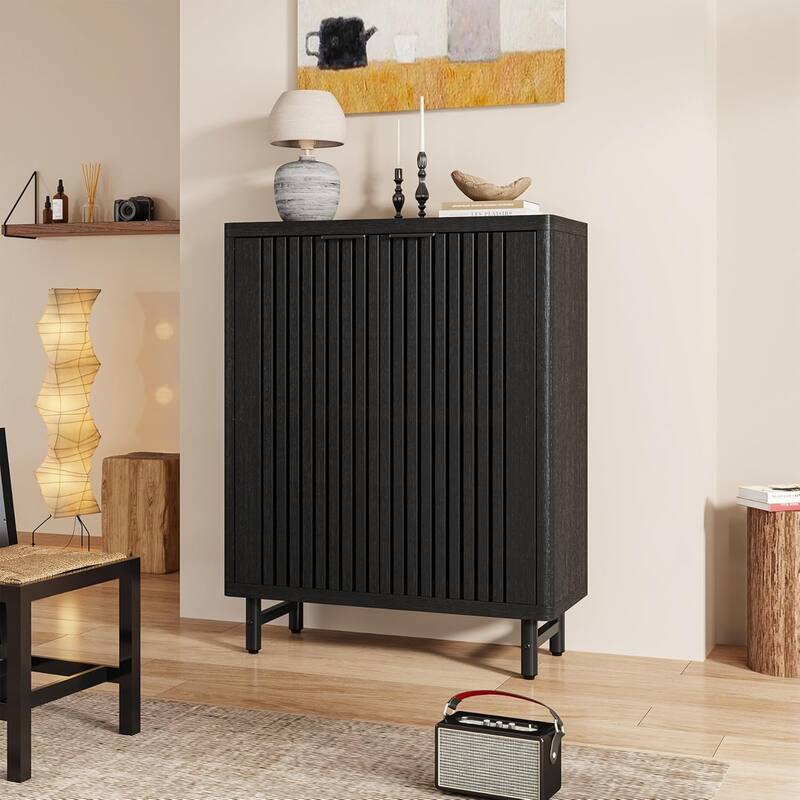 6-Tier Bathroom Floor Cabinet 2 Shutter Doors Adjustable Shelves Wooden Storage Sideboard for Kitchen/Living Room