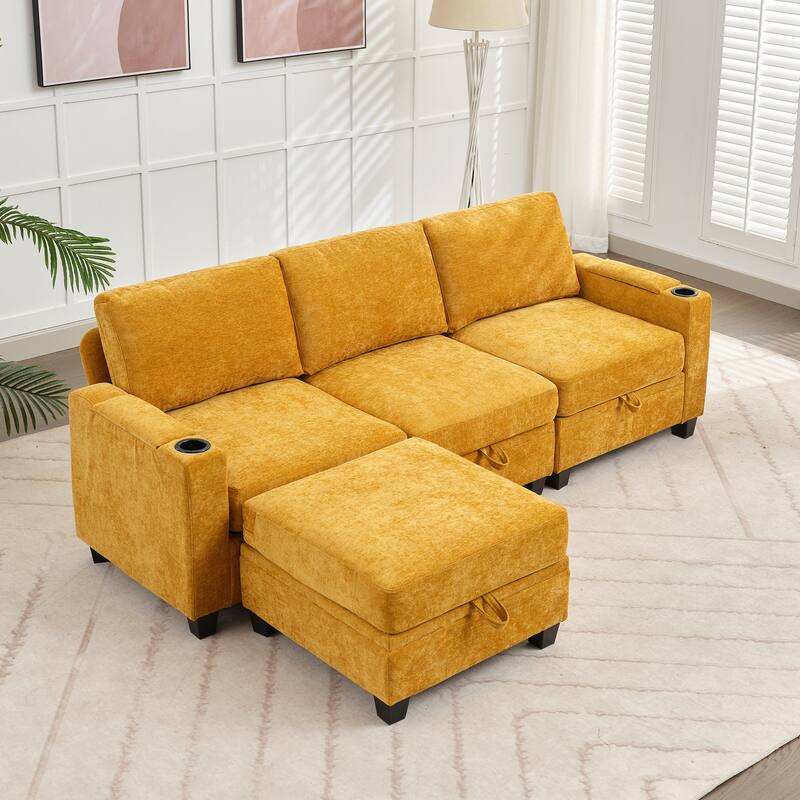 Chenille Storage Sofa, 3 Seats with a Removable Ottoman