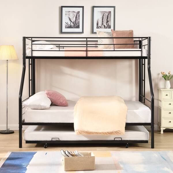 slide 2 of 13, Durable Twin Over Full Metal Bunk Bed with Trundle, Quiet Sturdy Frame, Easy Setup, and Under-Bed Storage Space Black