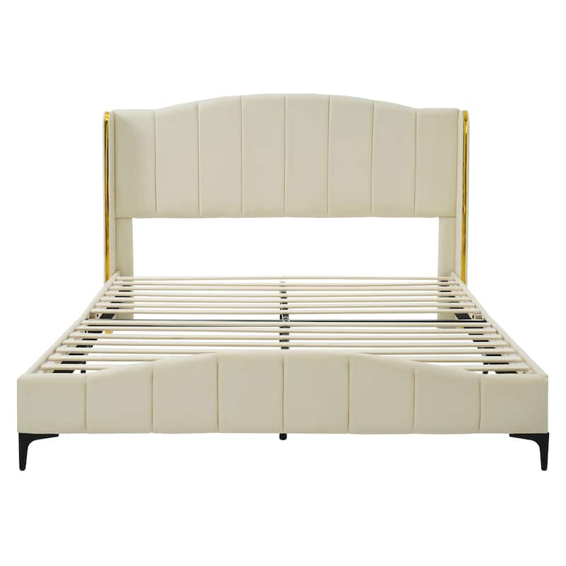 Queen Size PU Leather Upholstered Platform Bed - White