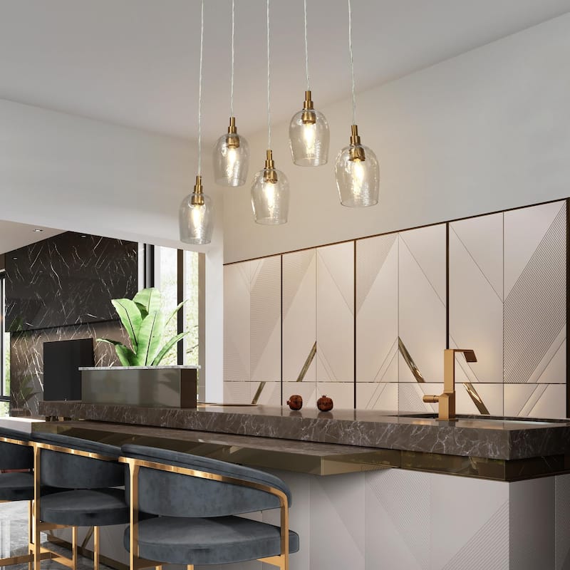 Elisie Mid-Century Modern 5-Lights Linear Chandelier Globe Glass Pendant Light Kitchen Island - 28.5" W x 69" H x 4.5" W