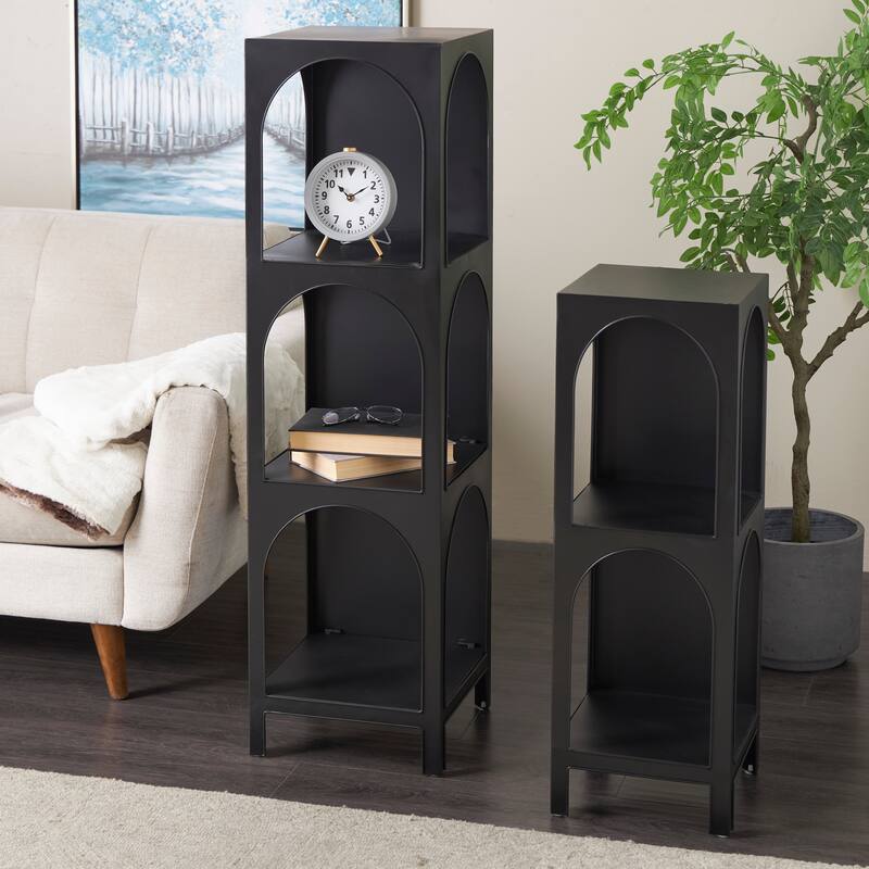 Black Metal 2 and 3 Shelf Shelving Unit with Arched Openings (Set of 2) - Black