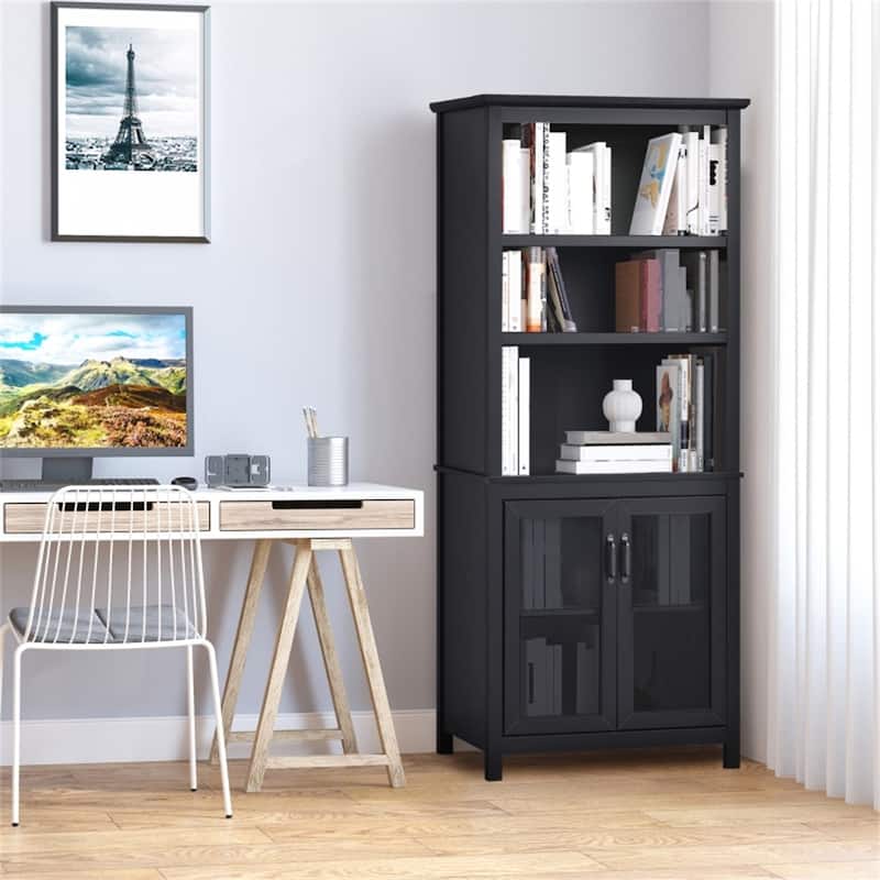 70" Tall Wooden Bookcase with Adjustable Shelves and Glass Door Storage Cabinet for Living Room - 30" W x 15.75" D x 70.75" H