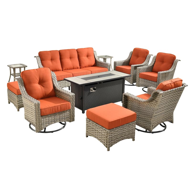 HOOOWOOO 10-piece Wicker Outdoor Patio High Back Swivel Chair Set with Fire Pit