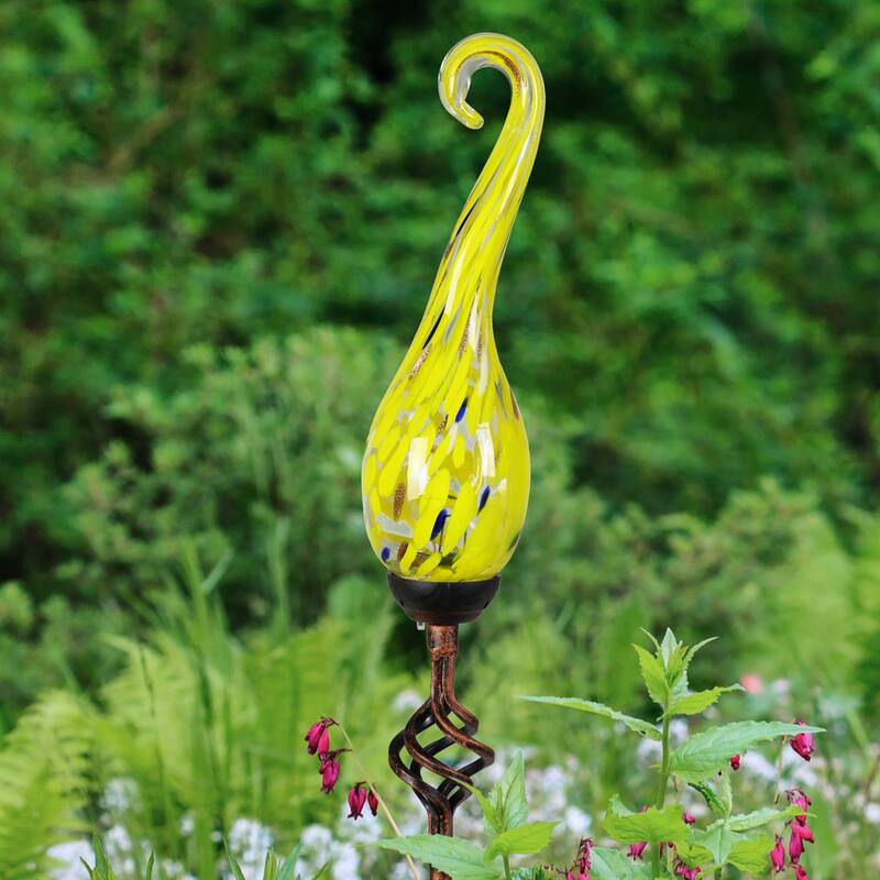 Exhart Solar Hand Blown Pearlized Glass Spiral Flame Garden Stake with Metal Finial Detail, 36 Inch