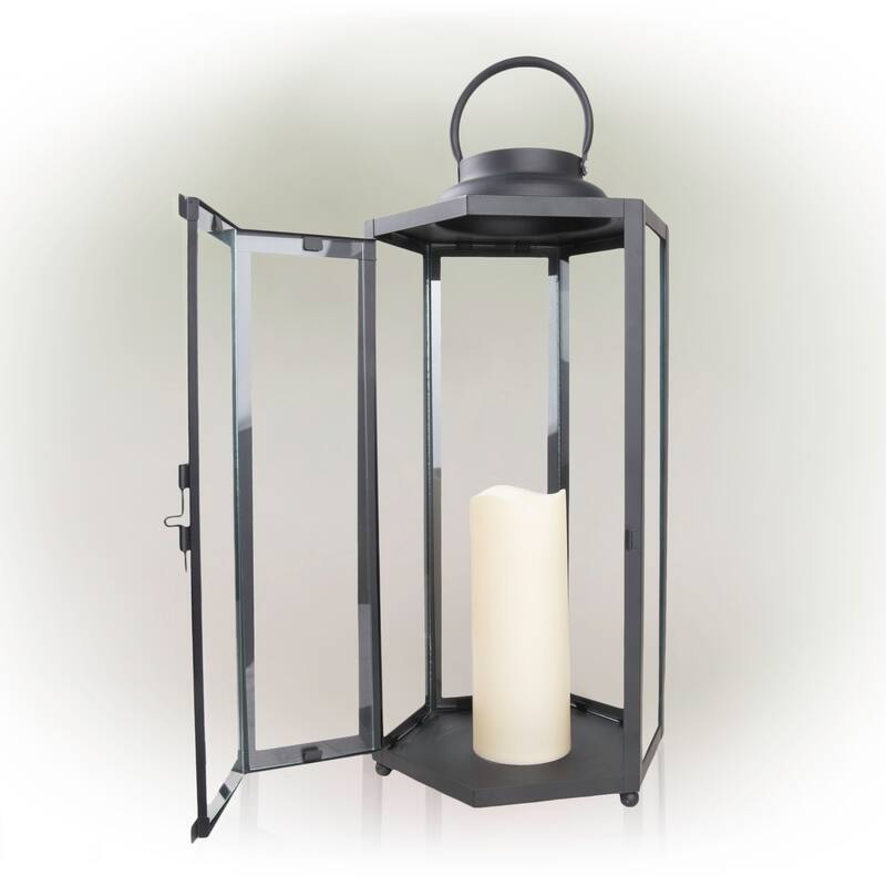 Alpine Corporation 18" Tall Outdoor Hexagonal Battery-Operated Metal Lantern with LED Lights, Black