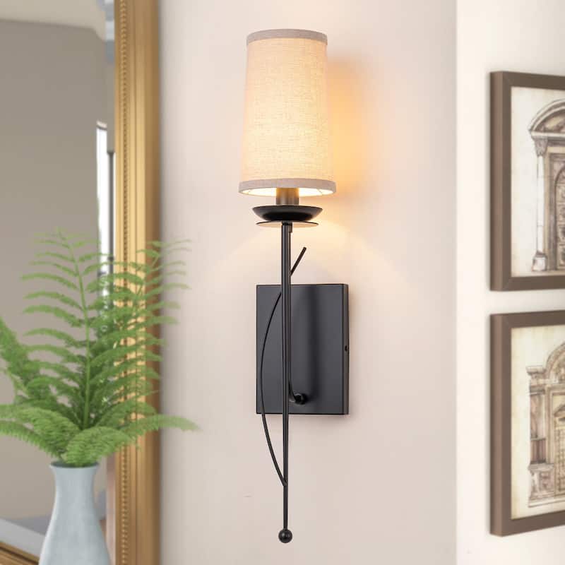 1-Light Matte Black Metal Wall Sconce Cone-Shaped Beige Linen Shade