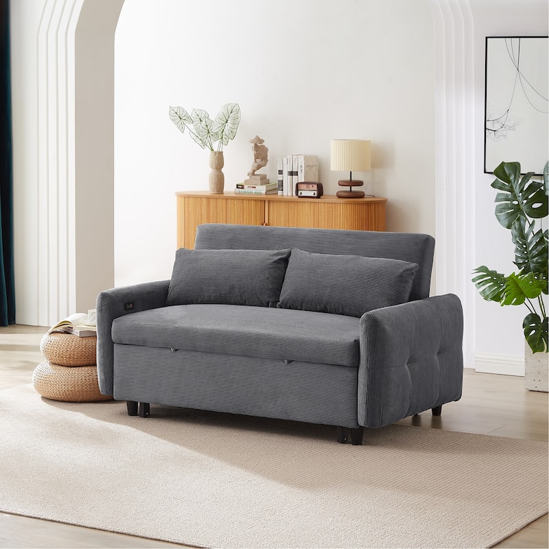 Convertible Sofa Bed Pull-out Sofa Couch 2 Seat Loveseat Sofa Modern Sleeper Sofa with 2 Throw Pillows and USB Ports
