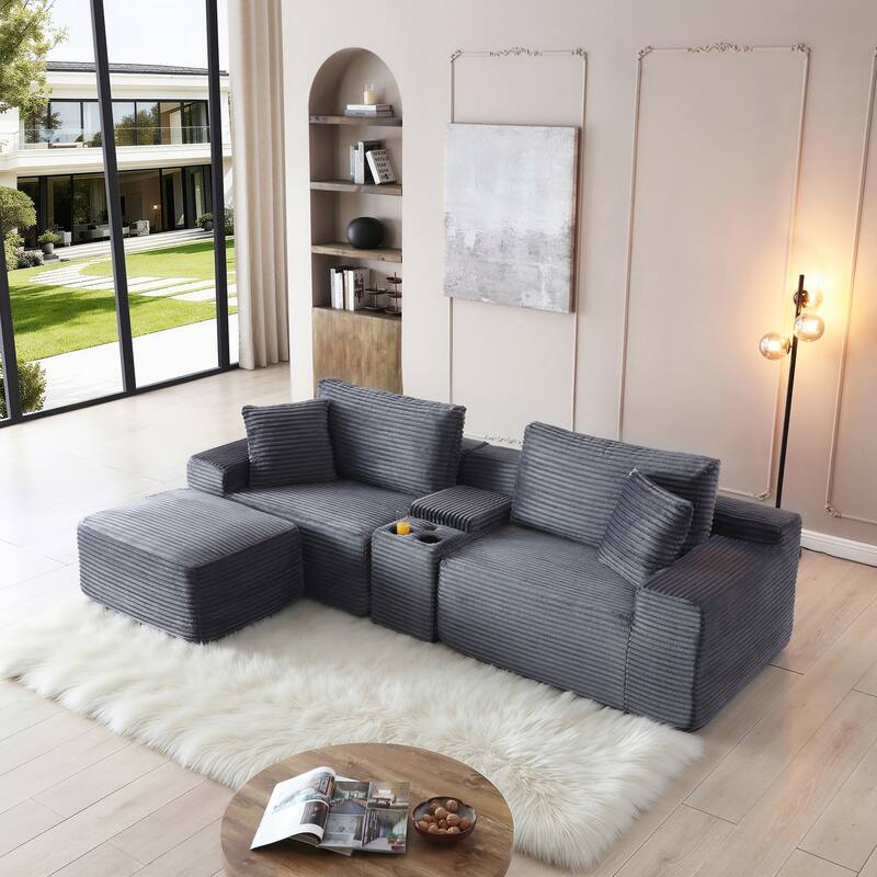 Modular Sectional Sofa, Deep Seat Corduroy Cloud Couch with Cup Holders, USB Ports & Storage Box